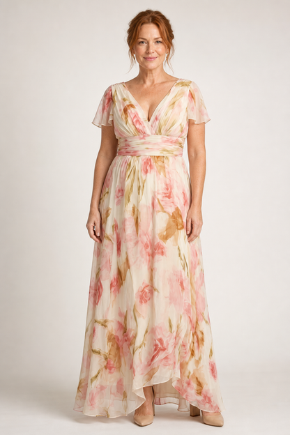 Elara | V Neck Short Sleeve Floral Maxi Dress