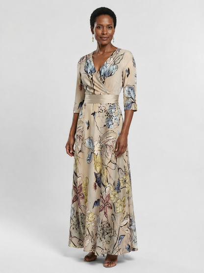 Margaret | Three Quarter Sleeve Floral Maxi Wrap Dress