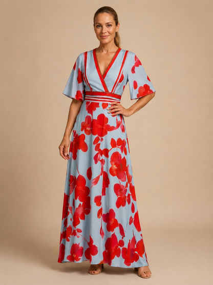 Corinne | V Neck Short Sleeve Floral Maxi Dress