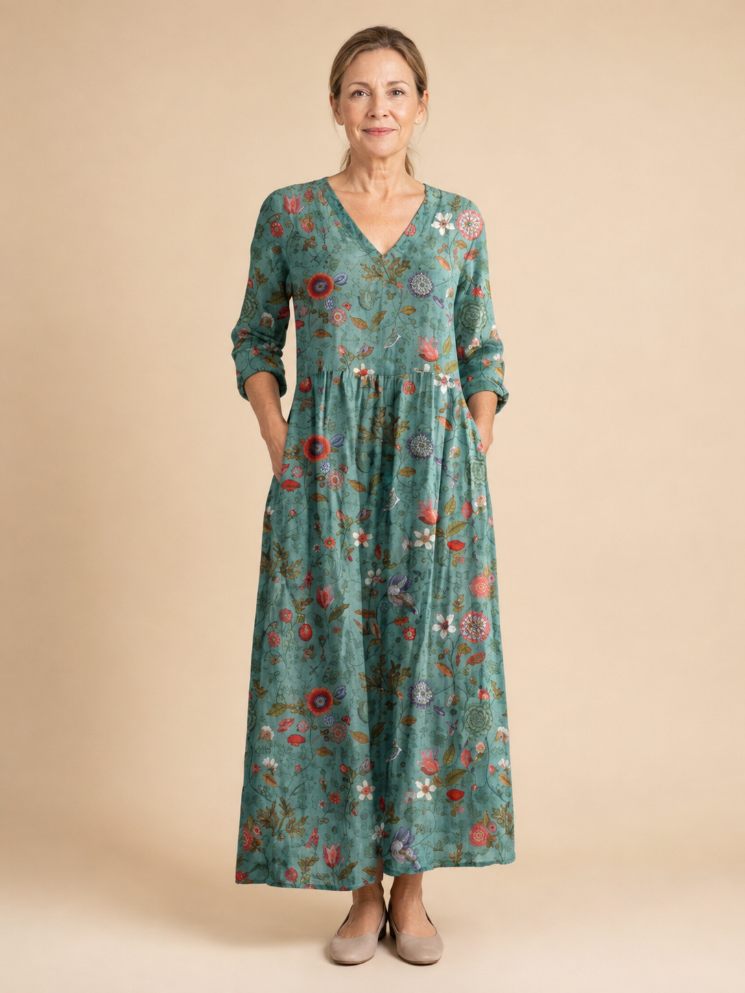 Marina | Floral V Neck Three Quarter Sleeve Maxi Dress
