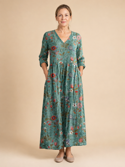 Marina | Floral V Neck Three Quarter Sleeve Maxi Dress