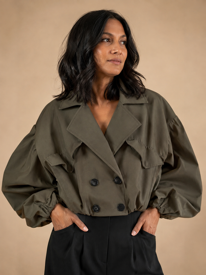 Balloon Sleeve Cropped Trench Jacket - Khaki