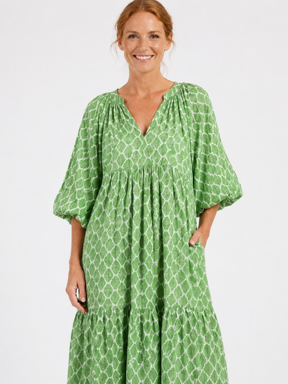 Apolline | Three Quarter Sleeve V Neck Patterned Midi Dress