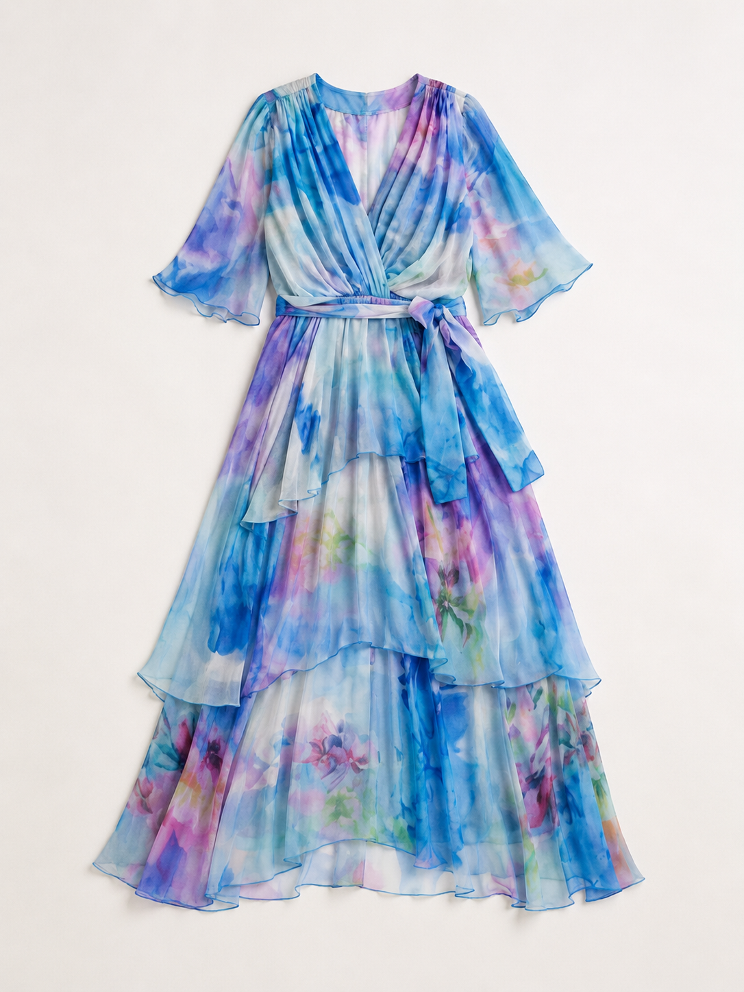 Calista | Sheer Layered V Neck Tie Waist Maxi Dress
