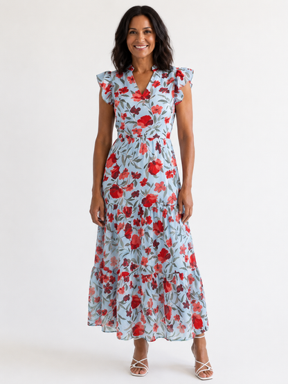 Lila | Floral V-Neck Tiered Midi Dress