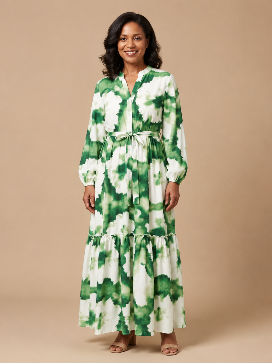 Sabine | Long Sleeve Tie Waist Tiered Maxi Dress