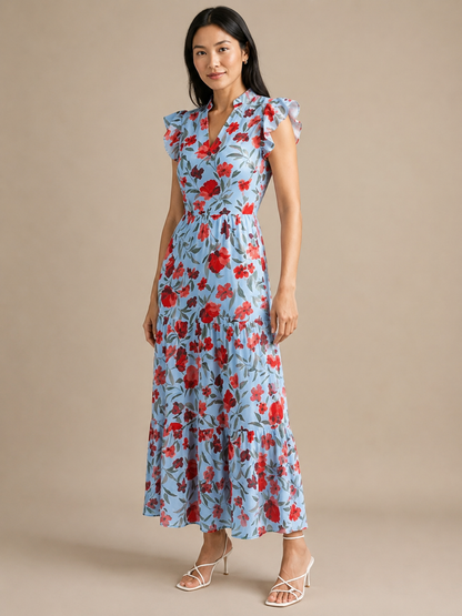 Lila | Floral V-Neck Tiered Midi Dress