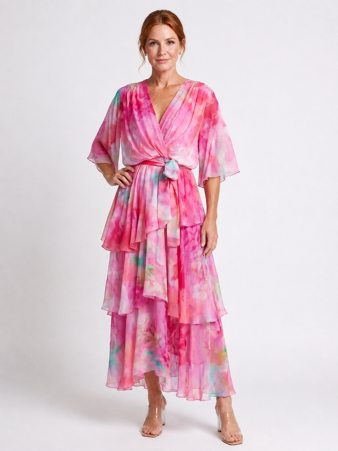 Calista | Sheer Layered V Neck Tie Waist Maxi Dress