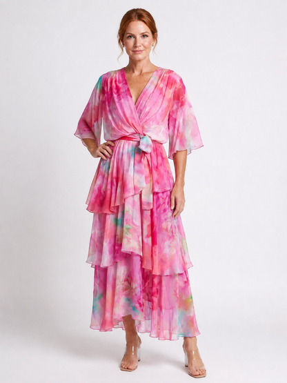 Calista | Sheer Layered V Neck Tie Waist Maxi Dress