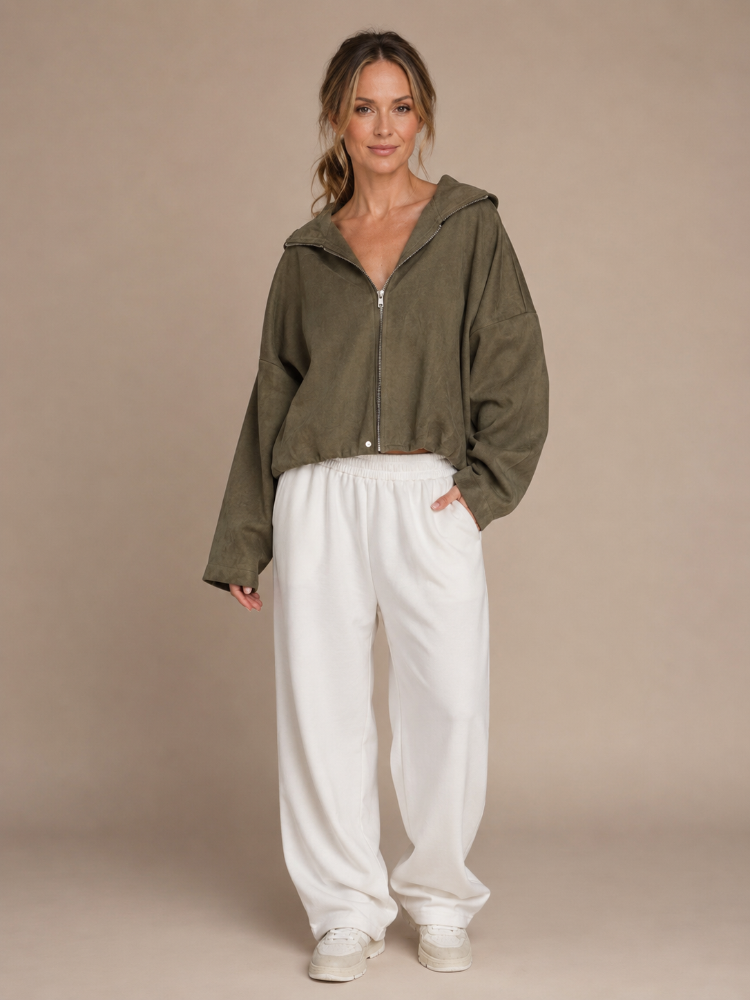 Suede Style Oversized Jacket - Khaki