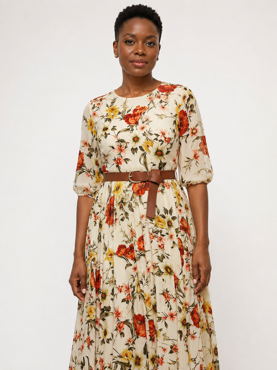 Odelia | Round Neck Three Quarter Sleeve Belted Maxi Dress