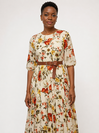 Odelia | Round Neck Three Quarter Sleeve Belted Maxi Dress