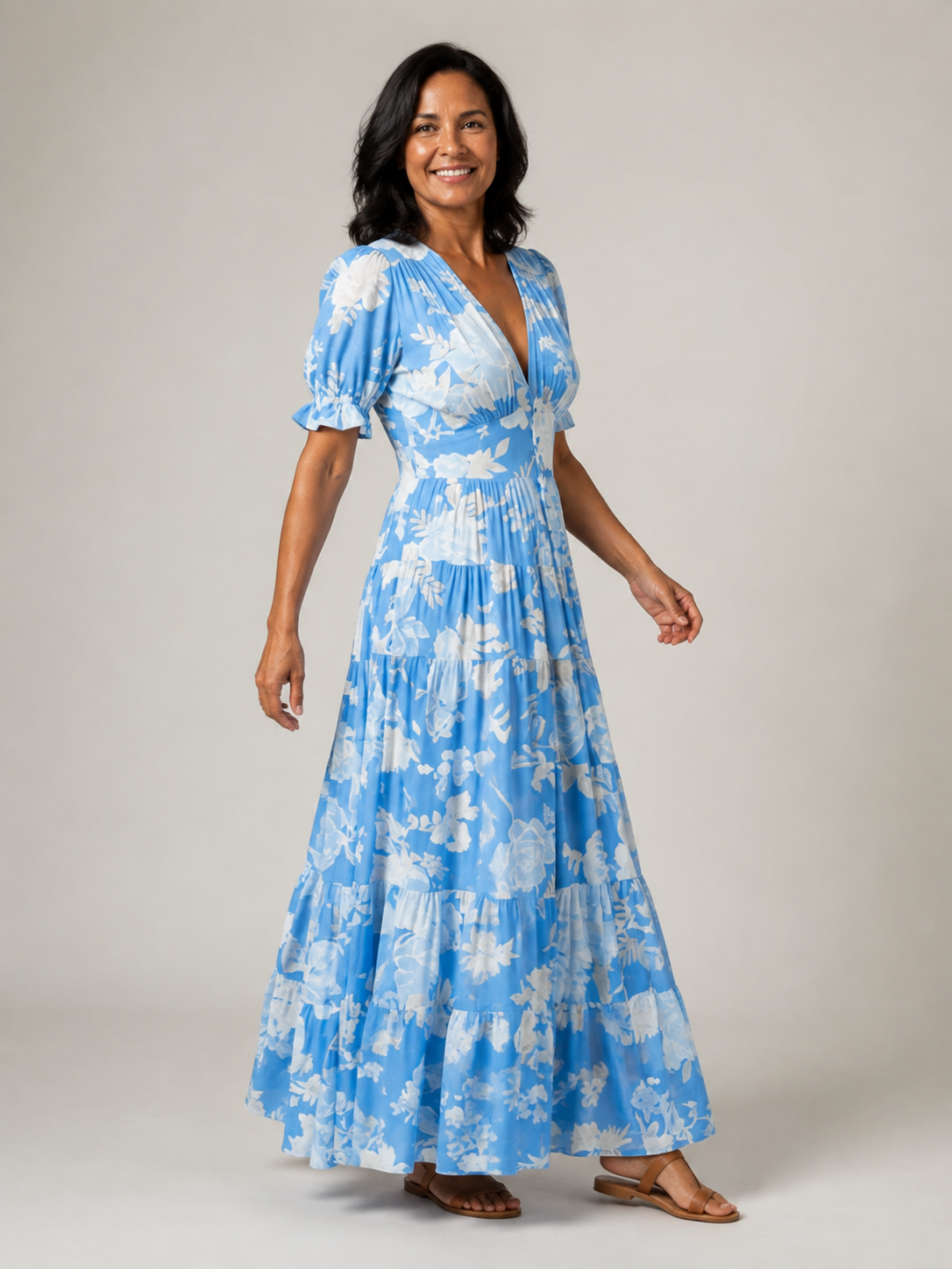 Ione | Short Sleeve V Neck Floral Midi Dress