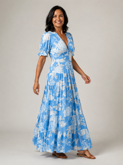 Ione | Short Sleeve V Neck Floral Midi Dress