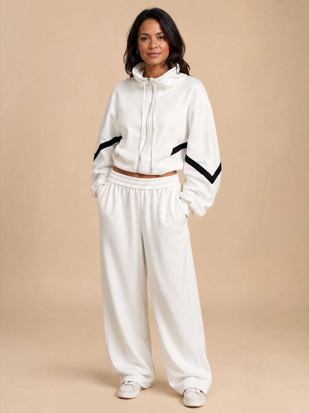 Contrast Funnel Neck Jacket - White