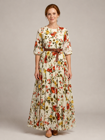 Odelia | Round Neck Three Quarter Sleeve Belted Maxi Dress