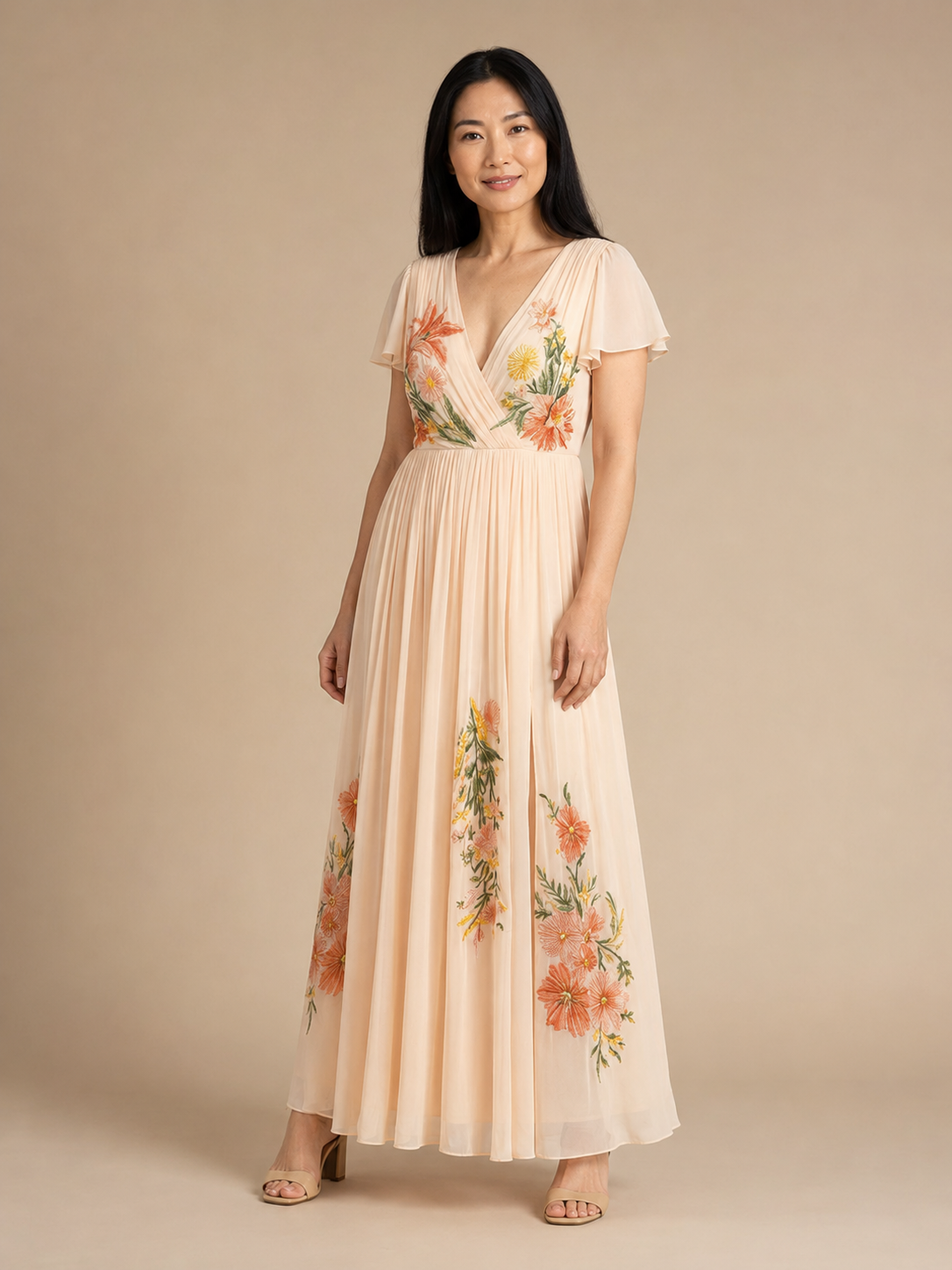 Calista | V Neck Short Sleeve Pleated Floral Maxi Dress