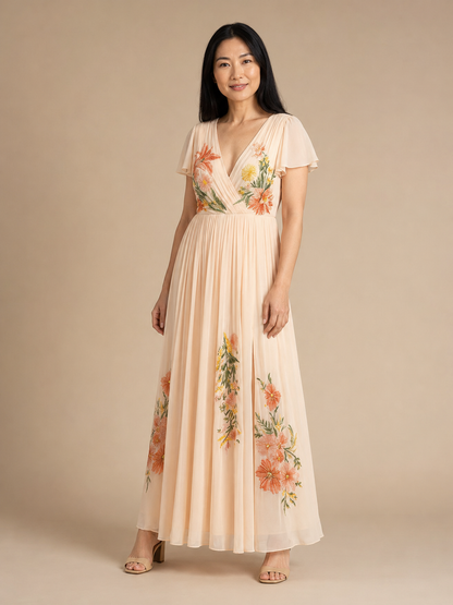 Calista | V Neck Short Sleeve Pleated Floral Maxi Dress