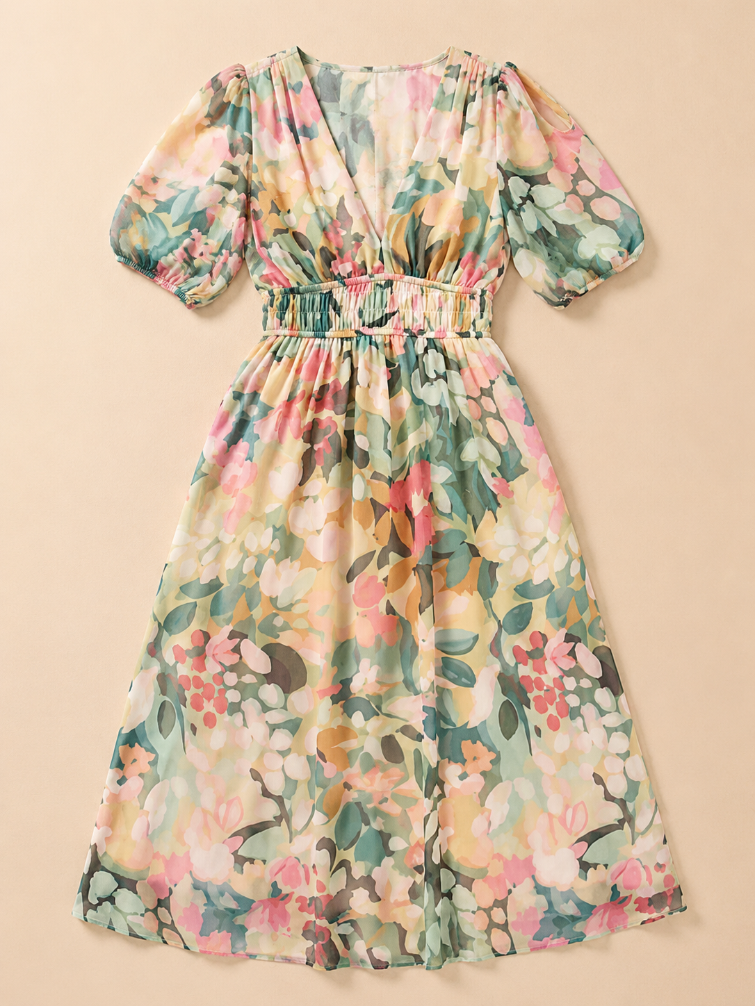 Eulalie | V Neck Short Sleeve Gathered Waist Midi Dress
