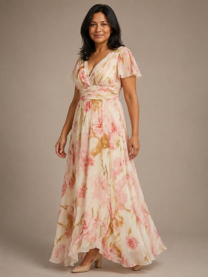 Elara | V Neck Short Sleeve Floral Maxi Dress