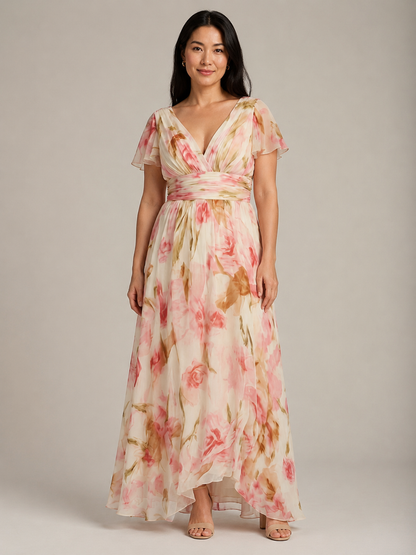 Elara | V Neck Short Sleeve Floral Maxi Dress