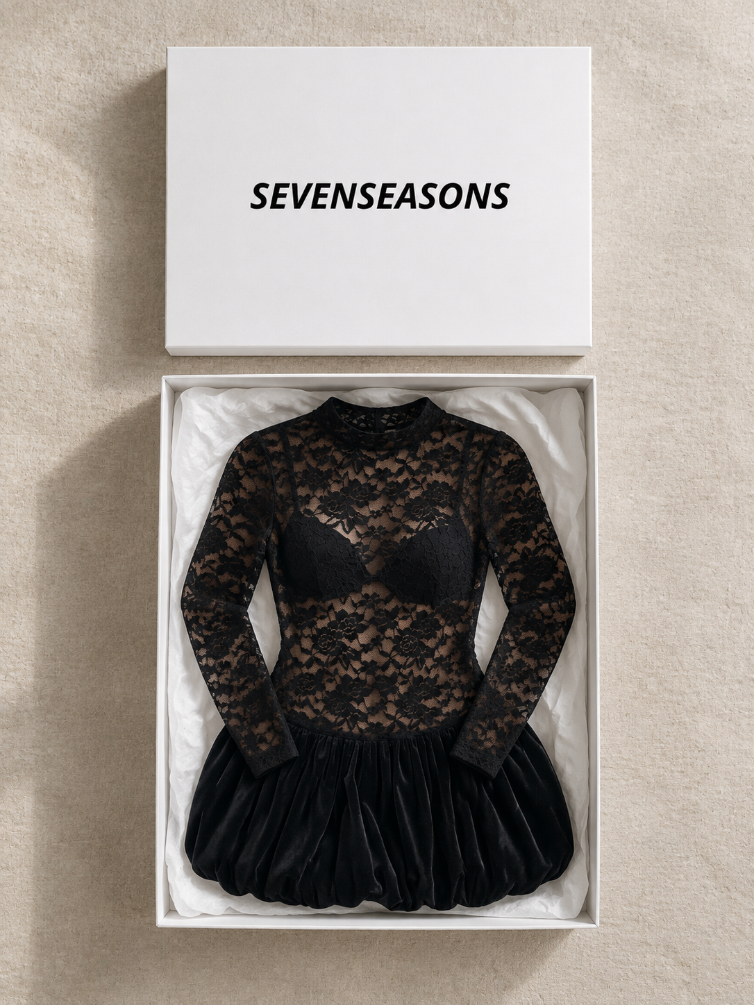 ARIANA Bubble Dress - Black Lace/Velvet