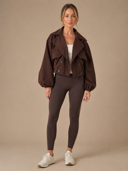 Balloon Sleeve Cropped Trench Jacket - Brown