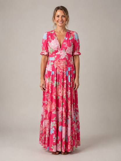 Ione | Short Sleeve V Neck Floral Midi Dress