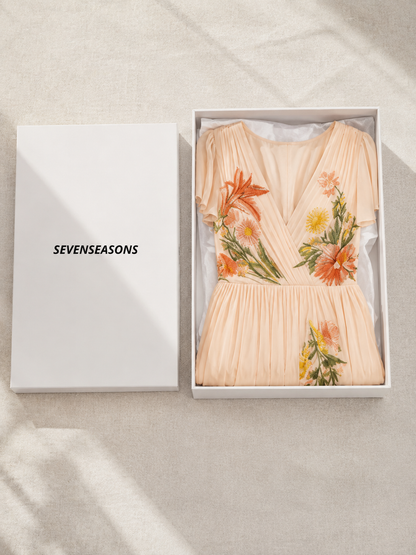 Calista | V Neck Short Sleeve Pleated Floral Maxi Dress