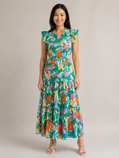 Lila | Floral V-Neck Tiered Midi Dress