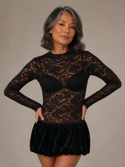 ARIANA Bubble Dress - Black Lace/Velvet