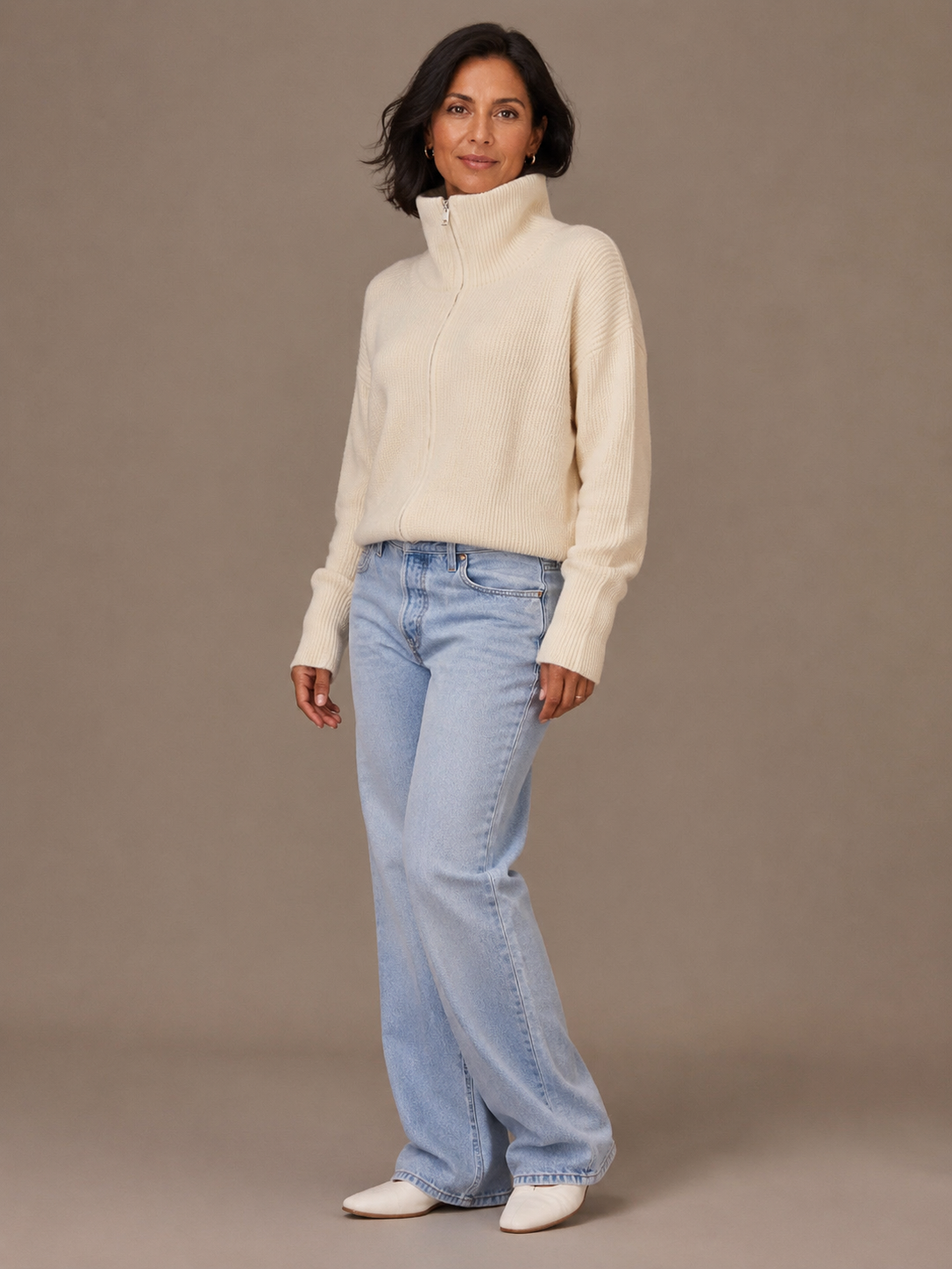 Knit Funnel Neck Zip Up Jacket - Cream