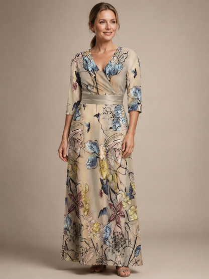Margaret | Three Quarter Sleeve Floral Maxi Wrap Dress