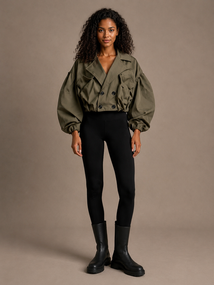 Balloon Sleeve Cropped Trench Jacket - Khaki