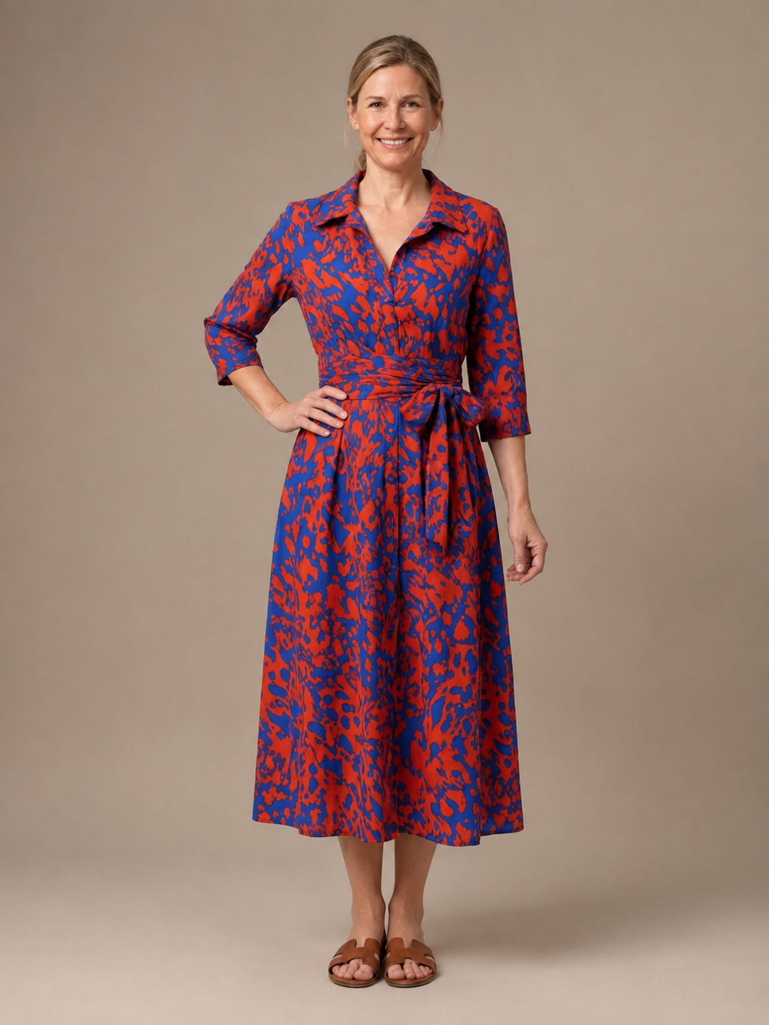 Oriana | Collared Long Sleeve Waist Tie Midi Dress