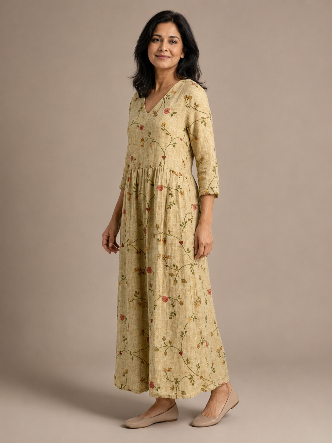 Marina | Floral V Neck Three Quarter Sleeve Maxi Dress