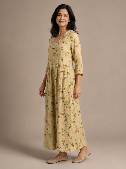 Marina | Floral V Neck Three Quarter Sleeve Maxi Dress