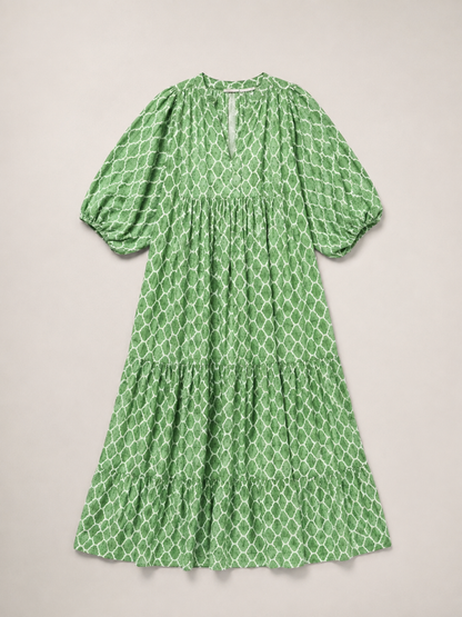 Apolline | Three Quarter Sleeve V Neck Patterned Midi Dress