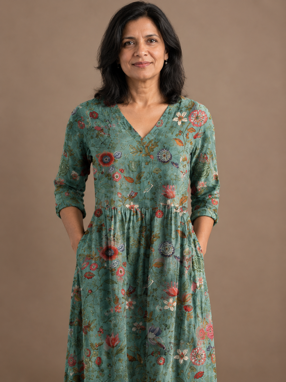 Marina | Floral V Neck Three Quarter Sleeve Maxi Dress