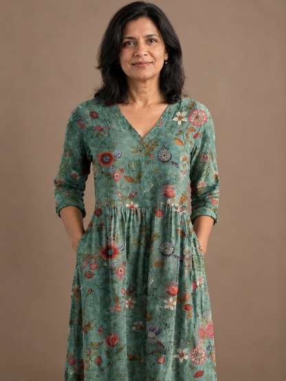 Marina | Floral V Neck Three Quarter Sleeve Maxi Dress