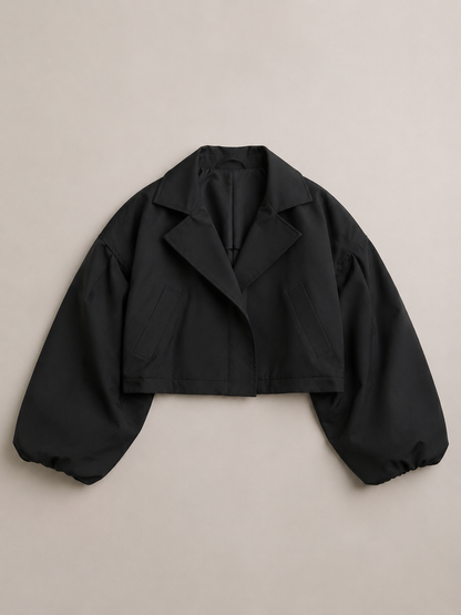 Balloon Sleeve Cropped Trench Jacket - Black
