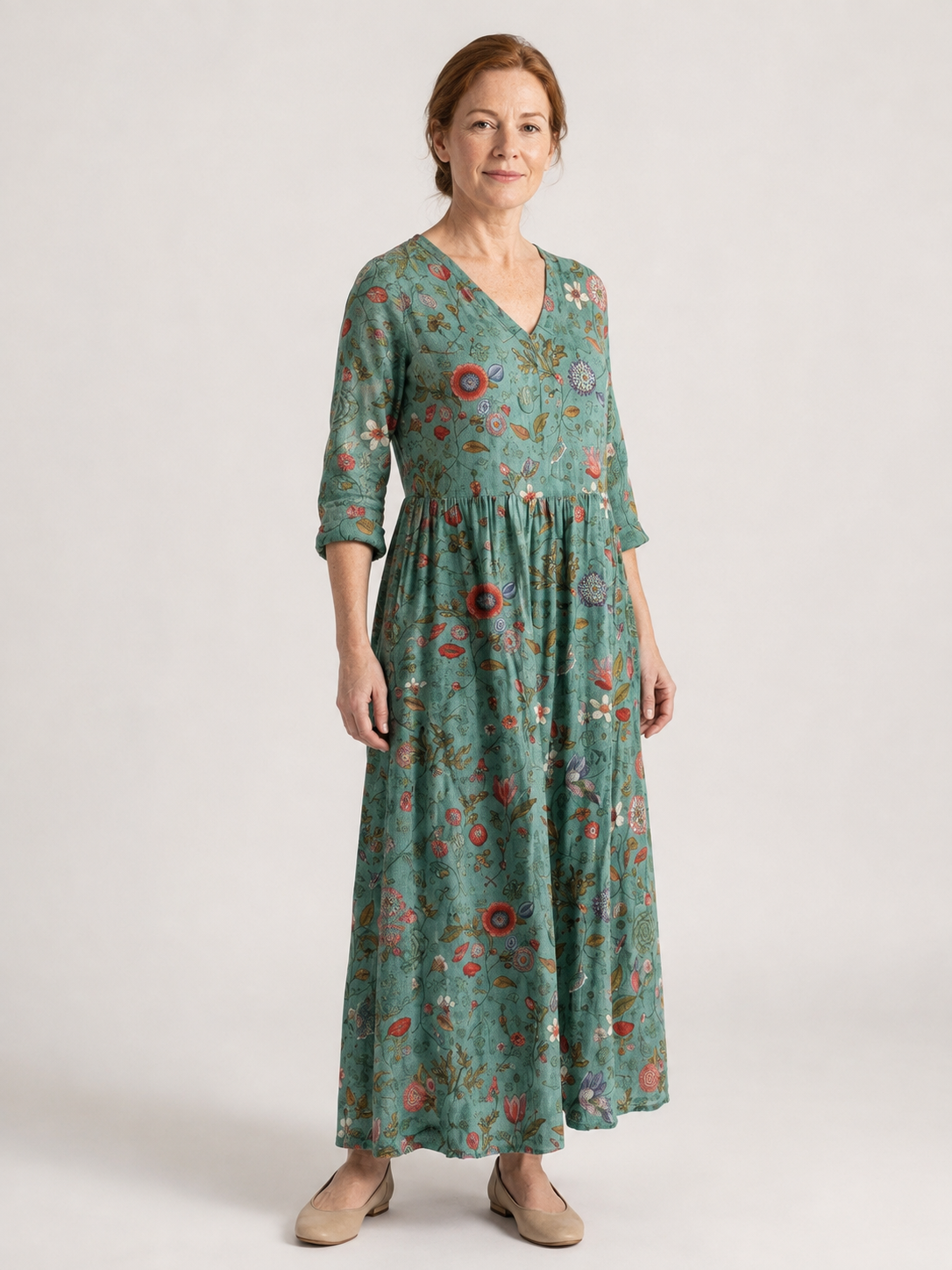 Marina | Floral V Neck Three Quarter Sleeve Maxi Dress