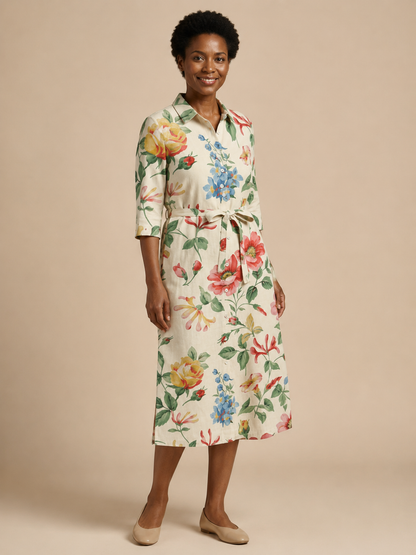 Maribel | Button Front Half Sleeve Floral Midi Dress