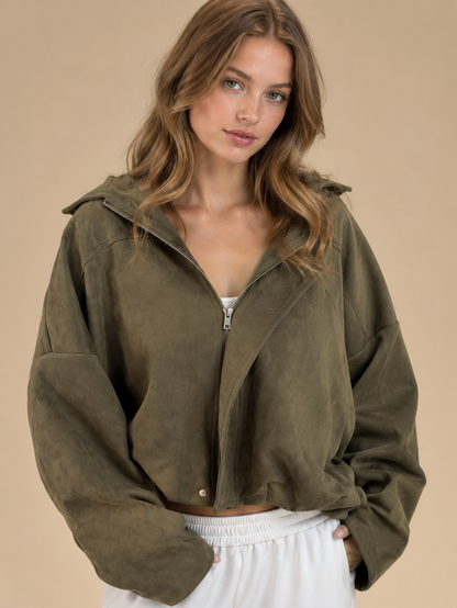 Suede Style Oversized Jacket - Khaki