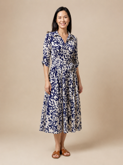 Oriana | Collared Long Sleeve Waist Tie Midi Dress