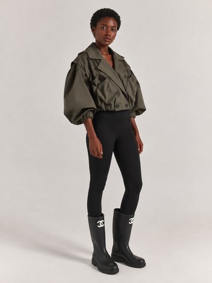 Balloon Sleeve Cropped Trench Jacket - Khaki