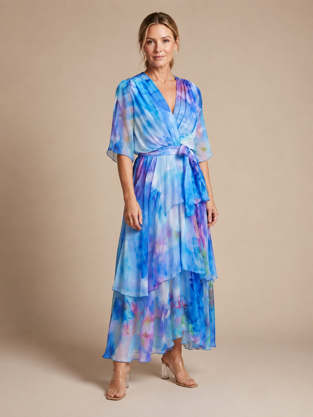 Calista | Sheer Layered V Neck Tie Waist Maxi Dress