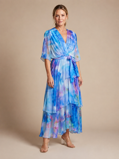 Calista | Sheer Layered V Neck Tie Waist Maxi Dress