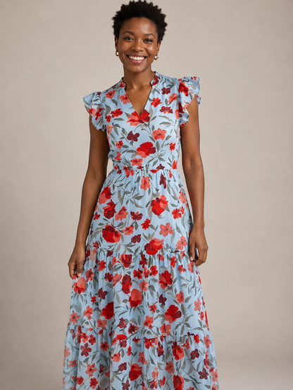Lila | Floral V-Neck Tiered Midi Dress