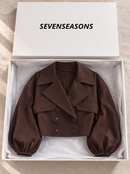 Balloon Sleeve Cropped Trench Jacket - Brown